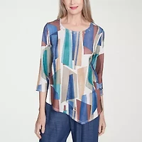 Alfred Dunner Summer Solstice Womens Crew Neck 3/4 Sleeve Stretch Fabric T-Shirt