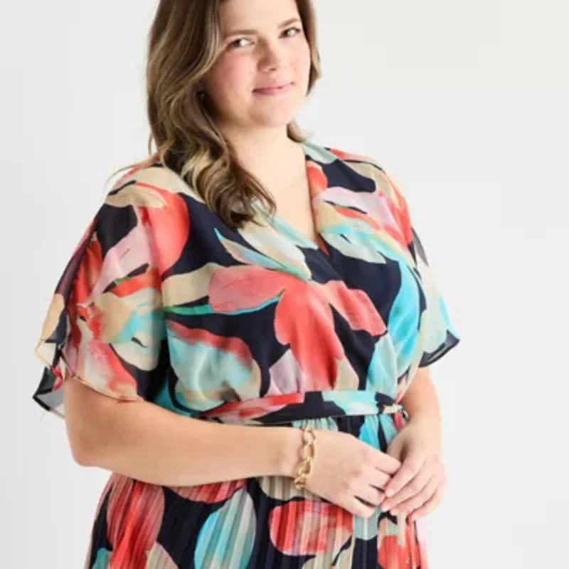 Sandra Darren Womens Short Sleeve Floral Plus Maxi Dress
