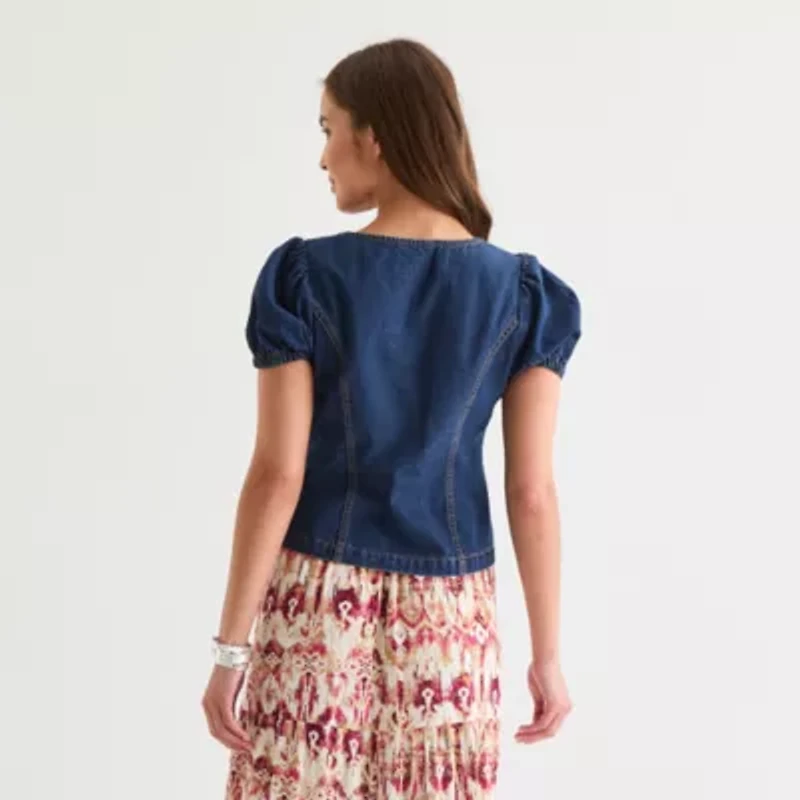 Frye and Co. Denim Womens Sweetheart Neck Short Sleeve Blouse