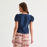 Frye and Co. Denim Womens Sweetheart Neck Short Sleeve Blouse