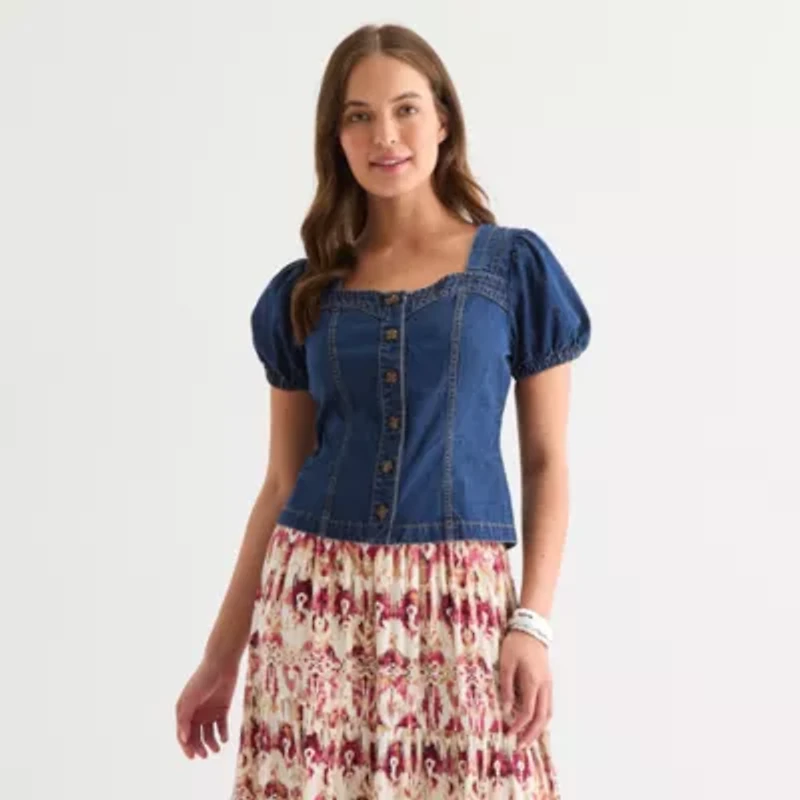 Frye and Co. Denim Womens Sweetheart Neck Short Sleeve Blouse