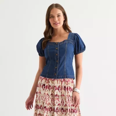 Frye and Co. Denim Womens Sweetheart Neck Short Sleeve Blouse