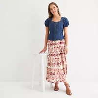 Frye and Co. Denim Womens Sweetheart Neck Short Sleeve Blouse