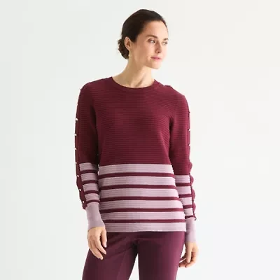 Liz Claiborne Womens Crew Neck Long Sleeve Striped Pullover Sweater