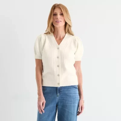 Liz Claiborne Womens V Neck Short Sleeve Button Cardigan