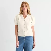 Liz Claiborne Womens V Neck Short Sleeve Button Cardigan