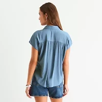 a.n.a Pleated Shoulder Womens Short Sleeve Regular Fit Button-Down Shirt