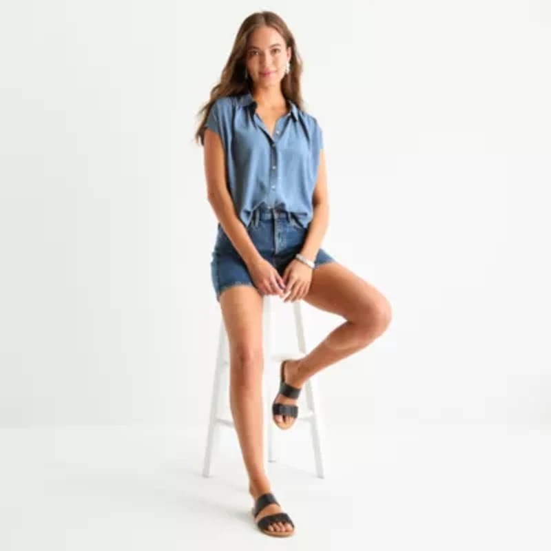 a.n.a Pleated Shoulder Womens Short Sleeve Regular Fit Button-Down Shirt