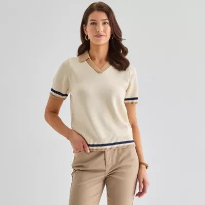 St. John's Bay Womens V Neck Short Sleeve Pullover Sweater