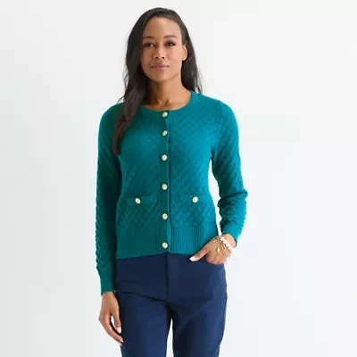 Liz Claiborne Womens Crew Neck Long Sleeve Button Cardigan