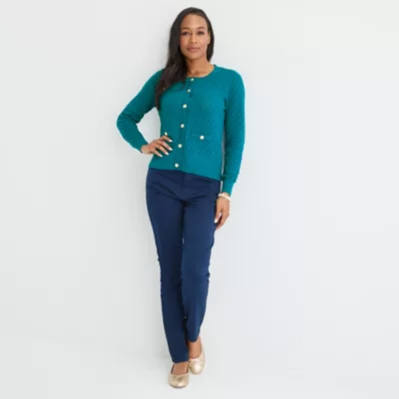 Liz Claiborne Womens Crew Neck Long Sleeve Button Cardigan