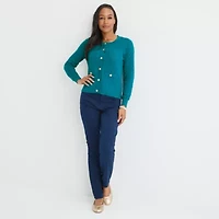 Liz Claiborne Womens Crew Neck Long Sleeve Button Cardigan