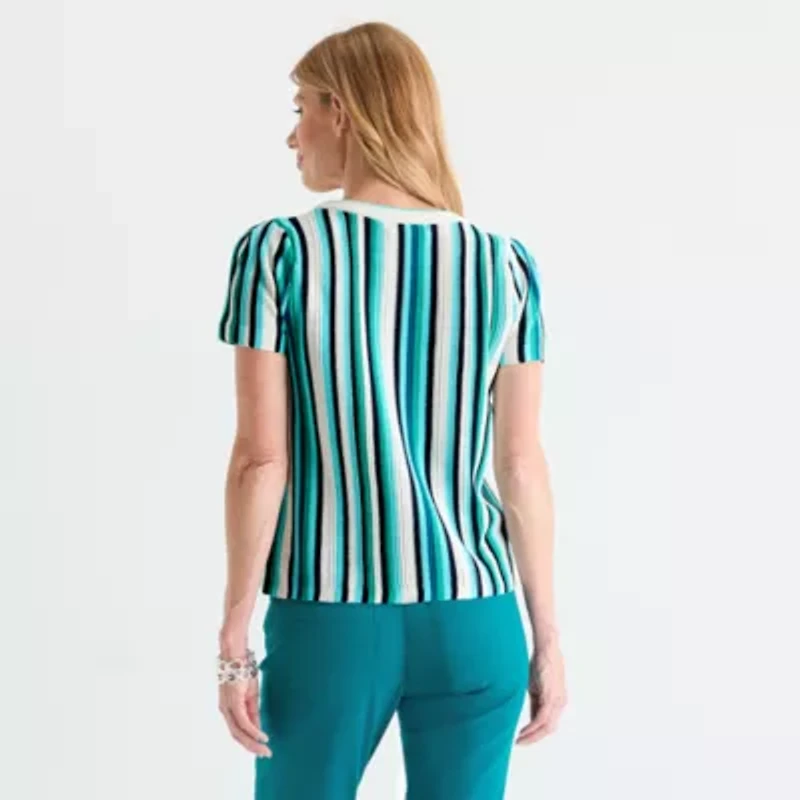 Liz Claiborne Womens Crew Neck Short Sleeve Striped Pullover Sweater