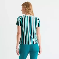 Liz Claiborne Womens Crew Neck Short Sleeve Striped Pullover Sweater