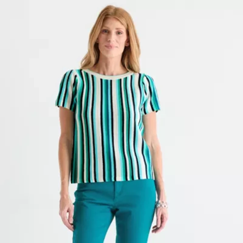Liz Claiborne Womens Crew Neck Short Sleeve Striped Pullover Sweater