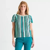 Liz Claiborne Womens Crew Neck Short Sleeve Striped Pullover Sweater