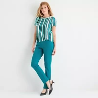 Liz Claiborne Womens Crew Neck Short Sleeve Striped Pullover Sweater