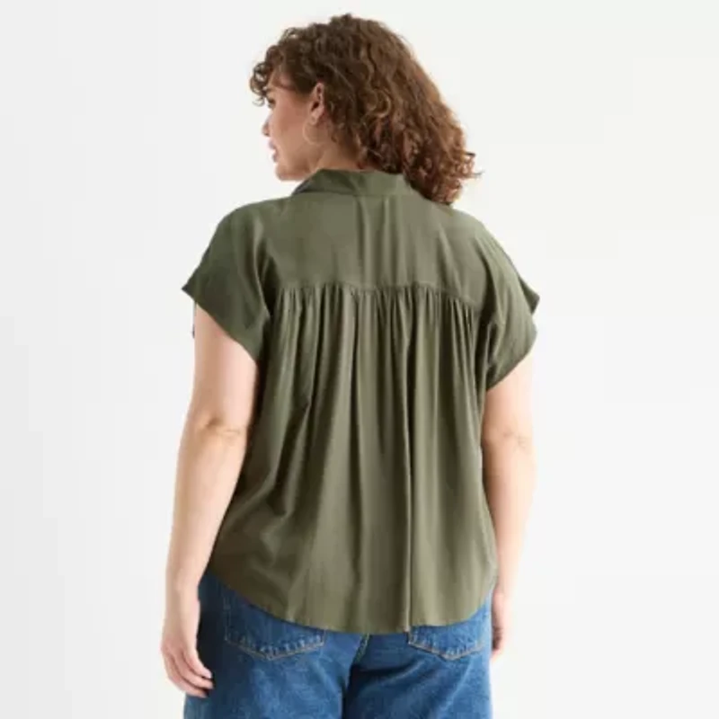 a.n.a Pleated Shoulder Womens Plus Short Sleeve Blouse