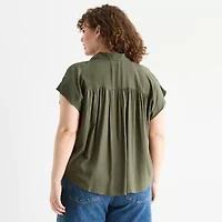 a.n.a Pleated Shoulder Womens Plus Short Sleeve Blouse