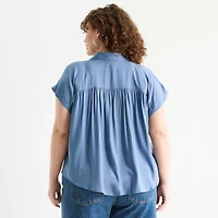 a.n.a Pleated Shoulder Womens Plus Short Sleeve Blouse