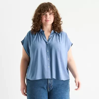 a.n.a Pleated Shoulder Womens Plus Short Sleeve Blouse
