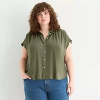 a.n.a Pleated Shoulder Womens Plus Short Sleeve Blouse