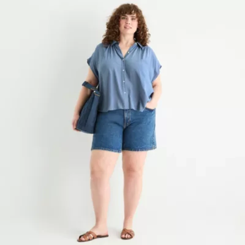 a.n.a Pleated Shoulder Womens Plus Short Sleeve Blouse