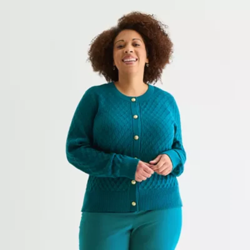 Liz Claiborne Womens Crew Neck Long Sleeve Button Plus Cardigan