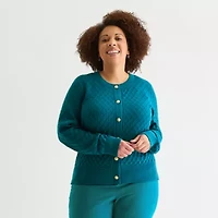 Liz Claiborne Womens Crew Neck Long Sleeve Button Plus Cardigan