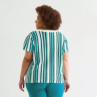 Liz Claiborne Plus Womens Crew Neck Short Sleeve Striped Pullover Sweater