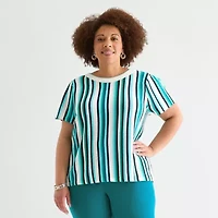 Liz Claiborne Plus Womens Crew Neck Short Sleeve Striped Pullover Sweater