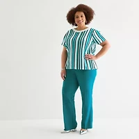 Liz Claiborne Plus Womens Crew Neck Short Sleeve Striped Pullover Sweater