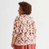 Liz Claiborne Plus Womens V Neck Short Sleeve Floral Pullover Sweater