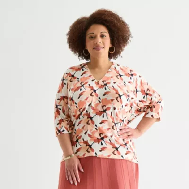 Liz Claiborne Plus Womens V Neck Short Sleeve Floral Pullover Sweater