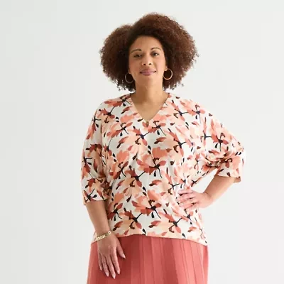 Liz Claiborne Plus Womens V Neck Short Sleeve Floral Pullover Sweater