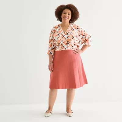 Liz Claiborne Womens Plus Mid Rise Midi Pleated Skirt