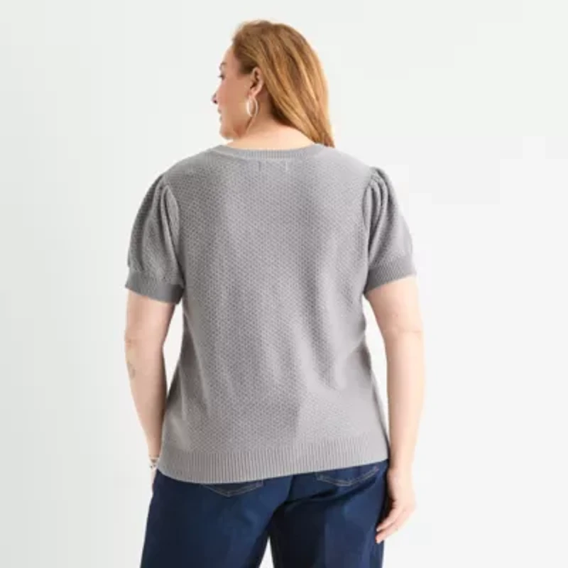 Liz Claiborne Plus Womens Crew Neck Short Sleeve Pullover Sweater