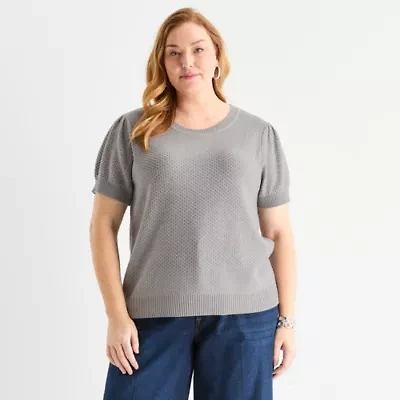 Liz Claiborne Plus Womens Crew Neck Short Sleeve Pullover Sweater