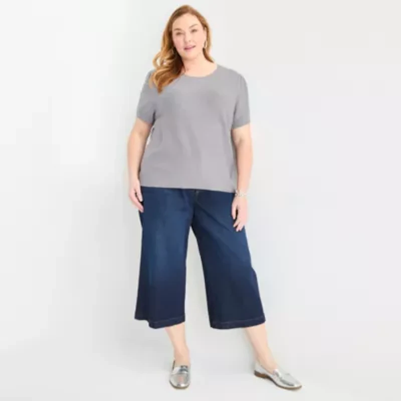 Liz Claiborne Plus Womens Crew Neck Short Sleeve Pullover Sweater