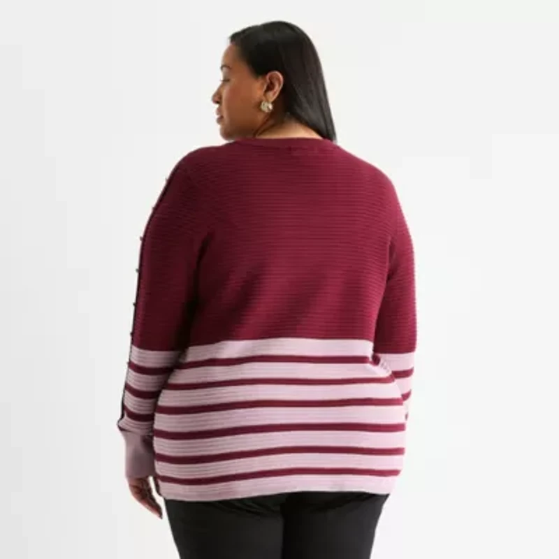 Liz Claiborne Plus Womens Crew Neck Long Sleeve Striped Pullover Sweater