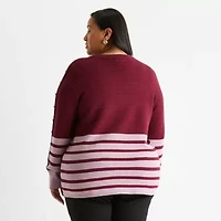 Liz Claiborne Plus Womens Crew Neck Long Sleeve Striped Pullover Sweater