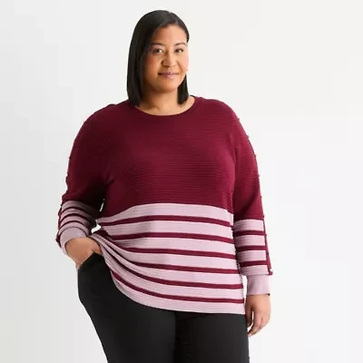 Liz Claiborne Plus Womens Crew Neck Long Sleeve Striped Pullover Sweater