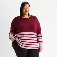 Liz Claiborne Plus Womens Crew Neck Long Sleeve Striped Pullover Sweater