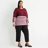 Liz Claiborne Plus Womens Crew Neck Long Sleeve Striped Pullover Sweater