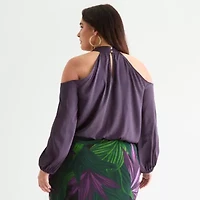 Bold Elements Womens Mock Neck Long Sleeve Satin Plus Blouse