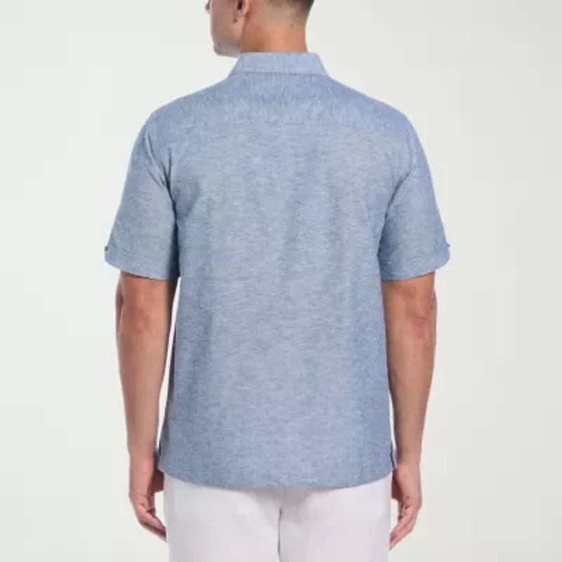 Cubavera Linen Blend Panel Mens Short Sleeve Regular Fit Button-Down Shirt