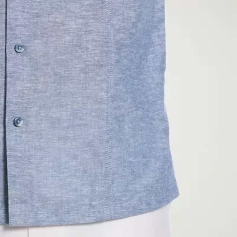 Cubavera Linen Blend Panel Mens Short Sleeve Regular Fit Button-Down Shirt