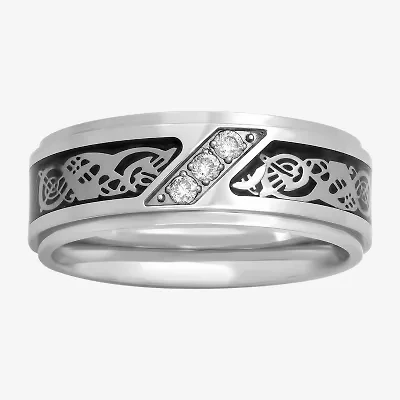 (H-I / I2-I3) Mens 8MM 1/10 CT. T.W. Natural White Diamond Stainless Steel Wedding Band
