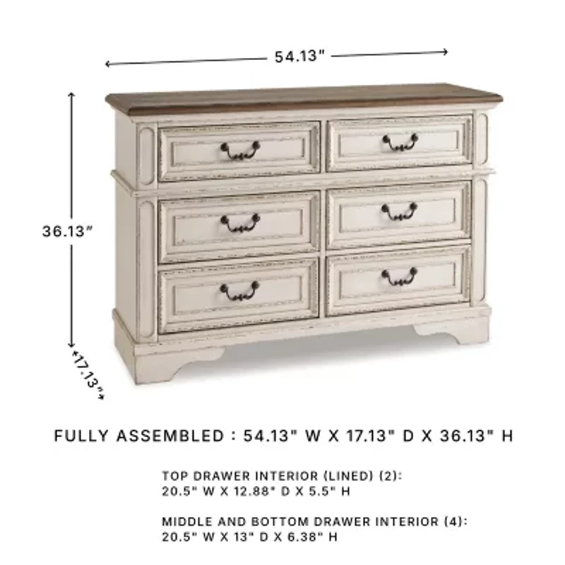 Signature Design by Ashley Realyn Youth 36" 6-Drawer Dresser in Chipped White