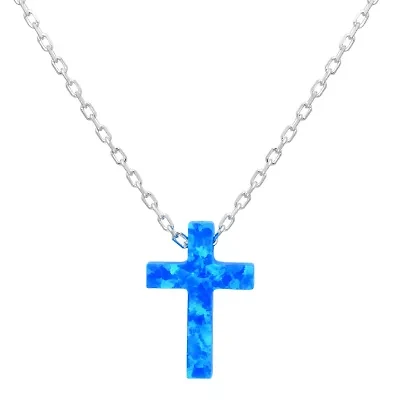 Womens Lab Created White Opal Sterling Silver Cross 18 Inch Pendant Necklace